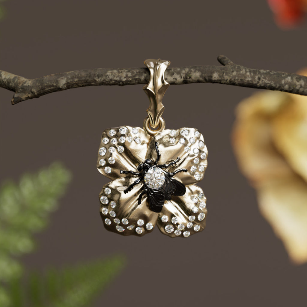 Saint Narcis Unique Flower Fly Bug Pendant Necklace with Emerald and Pink Sapphire By Valley Rose