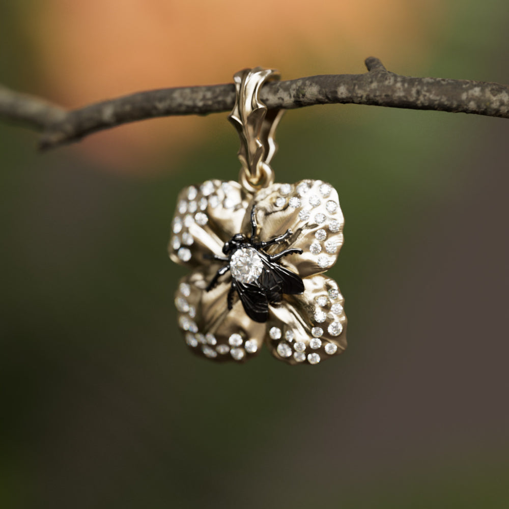 Saint Narcis Unique Flower Fly Bug Pendant Necklace with Emerald and Pink Sapphire By Valley Rose