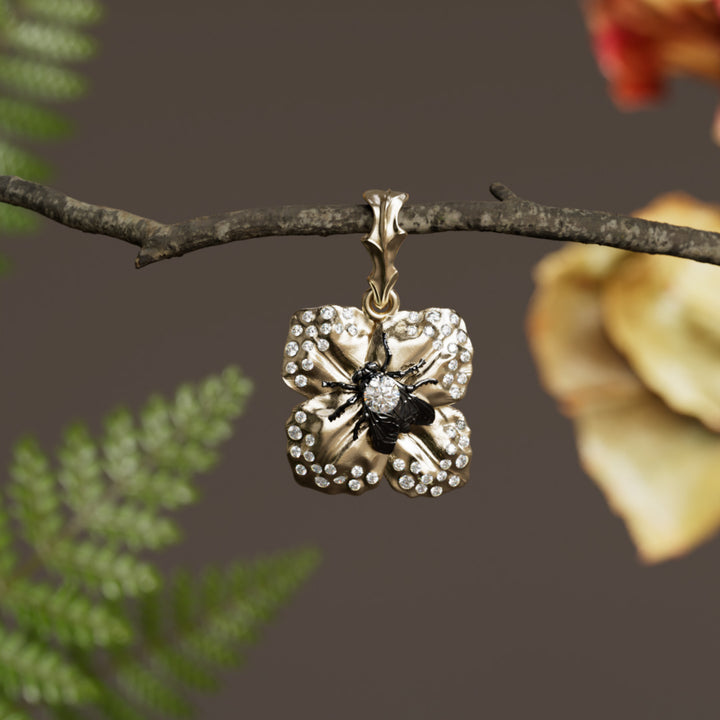 Saint Narcis Unique Flower Fly Bug Pendant Necklace with Emerald and Pink Sapphire By Valley Rose