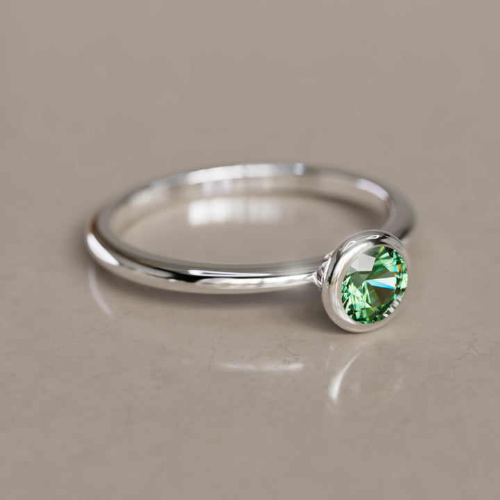 Taiga Green Sapphire Solitaire Dainty Modern Unique Bezel Engagement Ring By Valley Rose