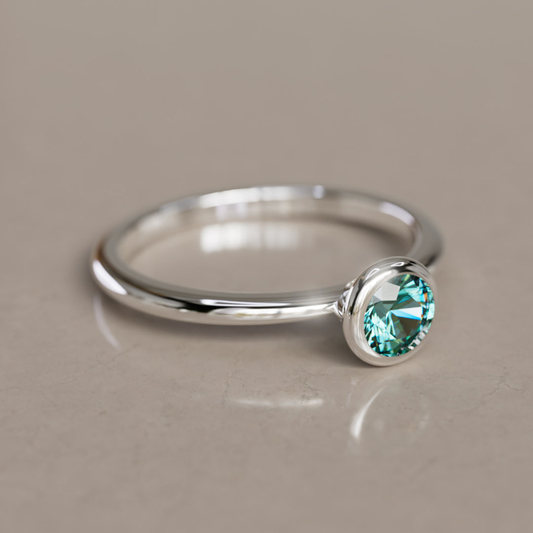 Taiga Teal Sapphire Solitaire Dainty Modern Unique Bezel Engagement Ring By Valley Rose