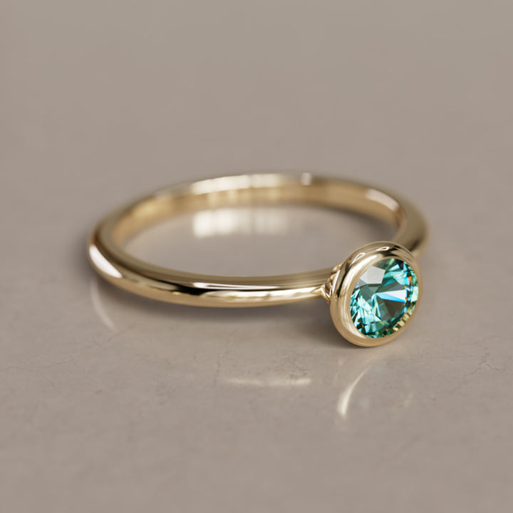 Taiga Teal Sapphire Solitaire Dainty Modern Unique Bezel Engagement Ring By Valley Rose