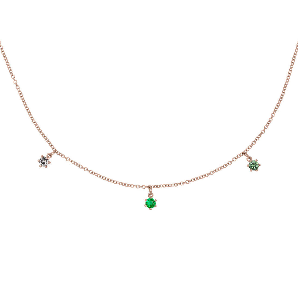 Taurus Zodiac Gold Fringe Necklace with Emerald, Sapphire & Diamond 16" Chain By Valley Rose Ethical Jewelry