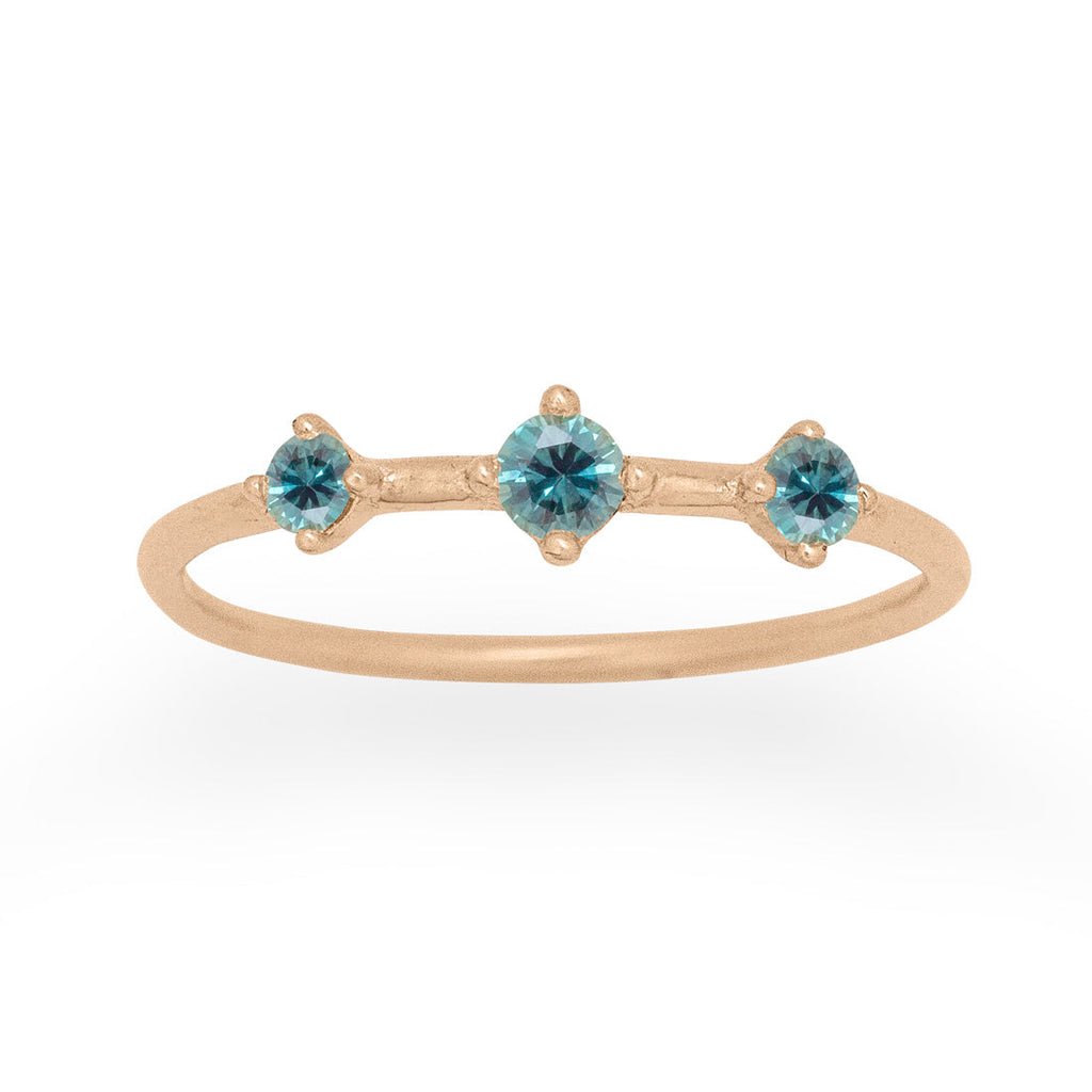 Teal Blue Sapphire 3 Stone Gold Stacking Ring, Orion's Belt Constellation By Valley Rose