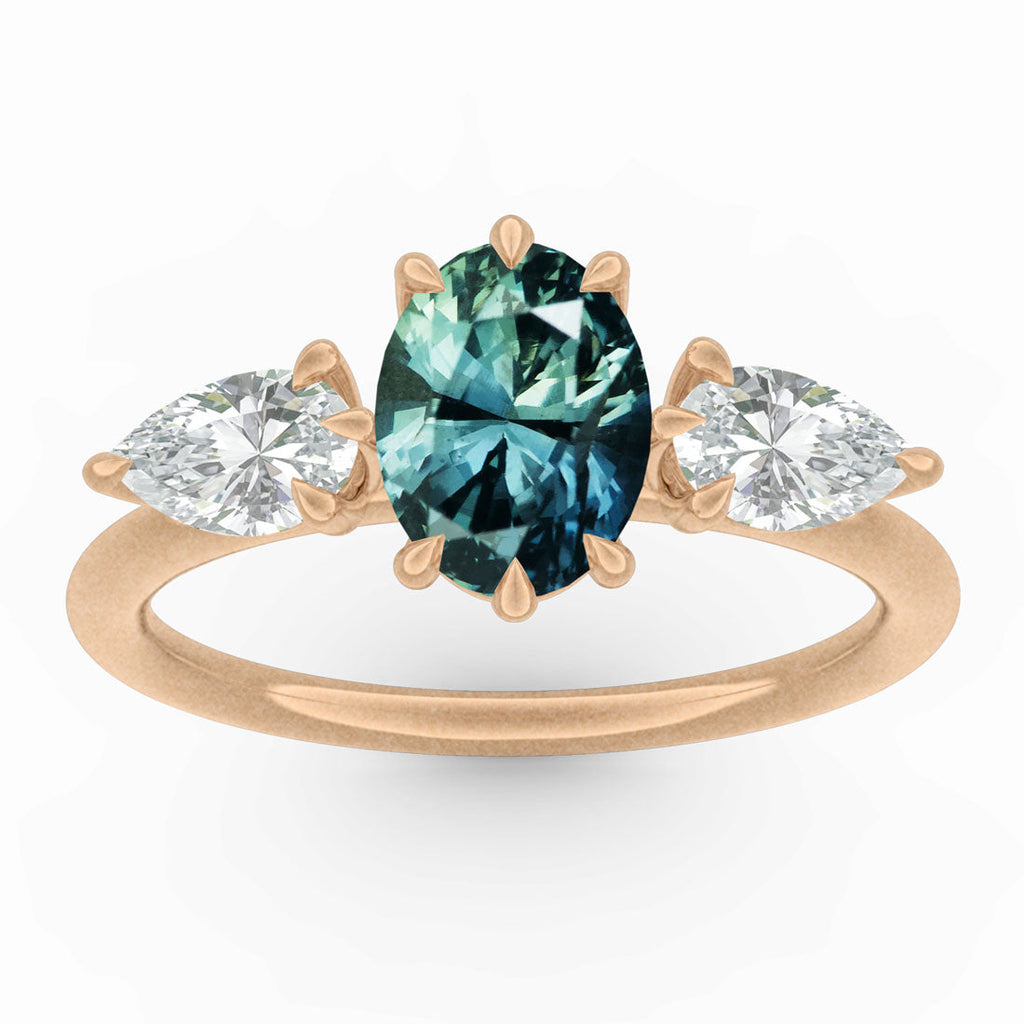 Teal Oval Sapphire Ethical Engagement Ring - Pear Diamond Three Stone By Valley Rose