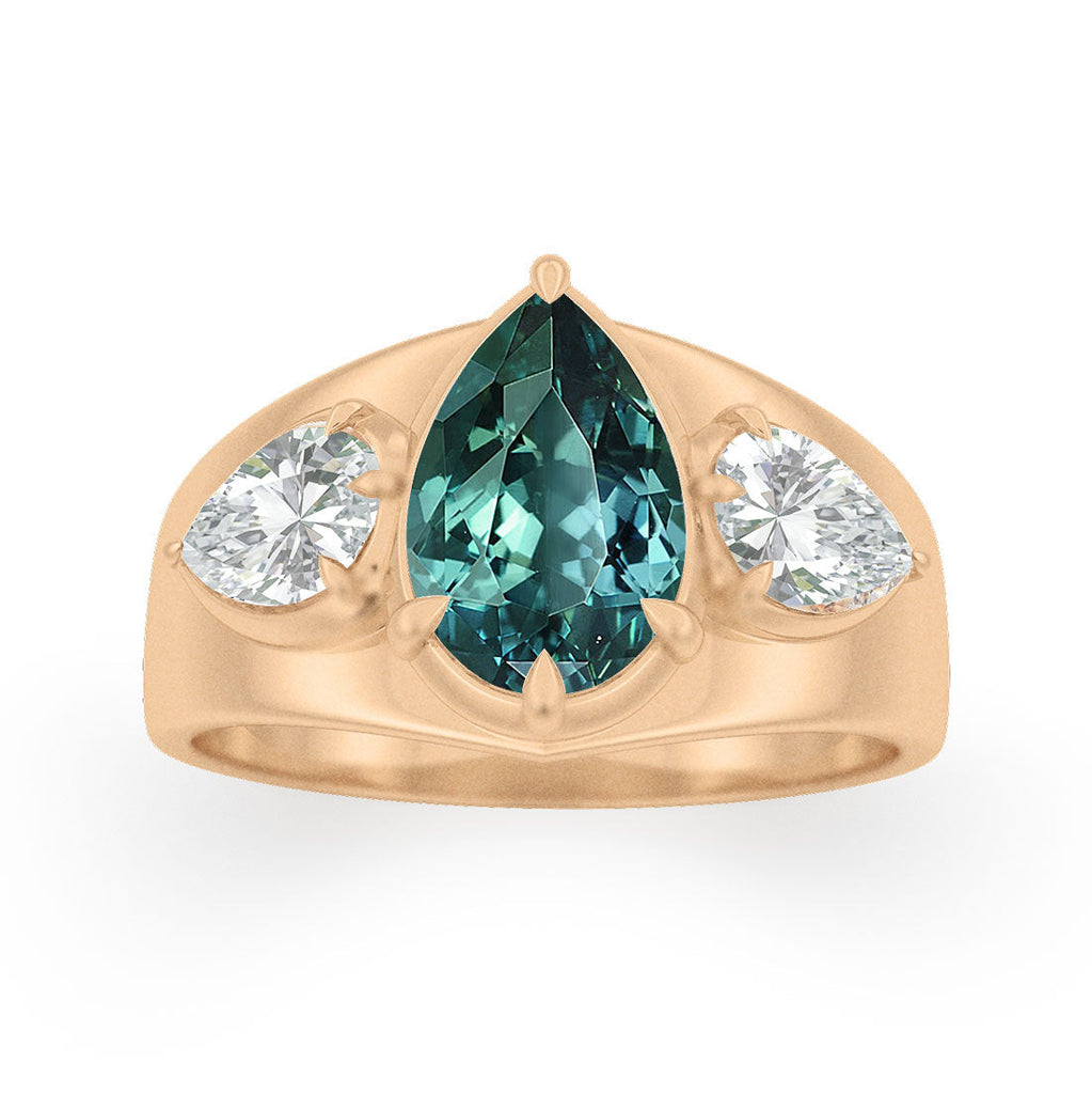 Teal Pear Sapphire Wide Band Alternative Engagement Ring By Valley Rose