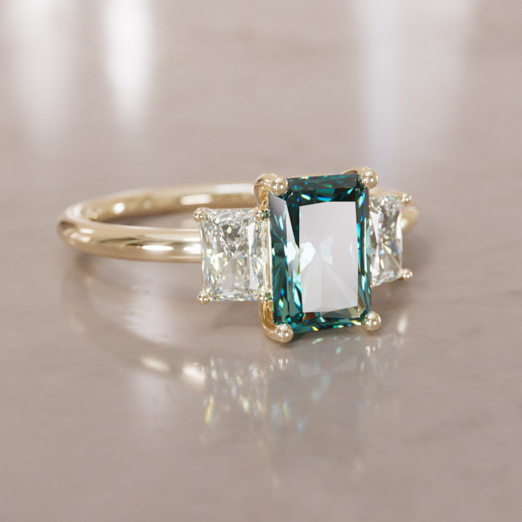 Teal Sapphire and Diamond Engagement Ring, Radiant Cut Three Stone By Valley Rose