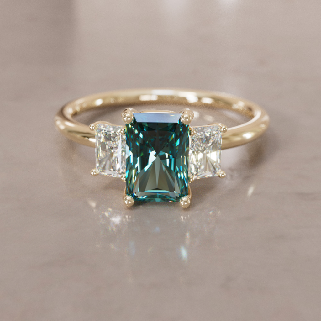 Teal Sapphire and Diamond Engagement Ring, Radiant Cut Three Stone By Valley Rose