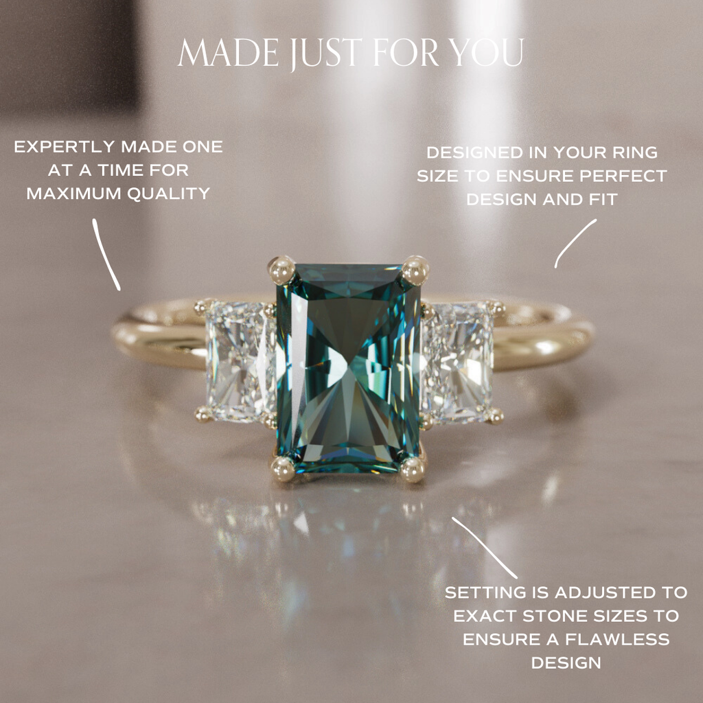 Teal Sapphire and Diamond Engagement Ring, Radiant Cut Three Stone By Valley Rose