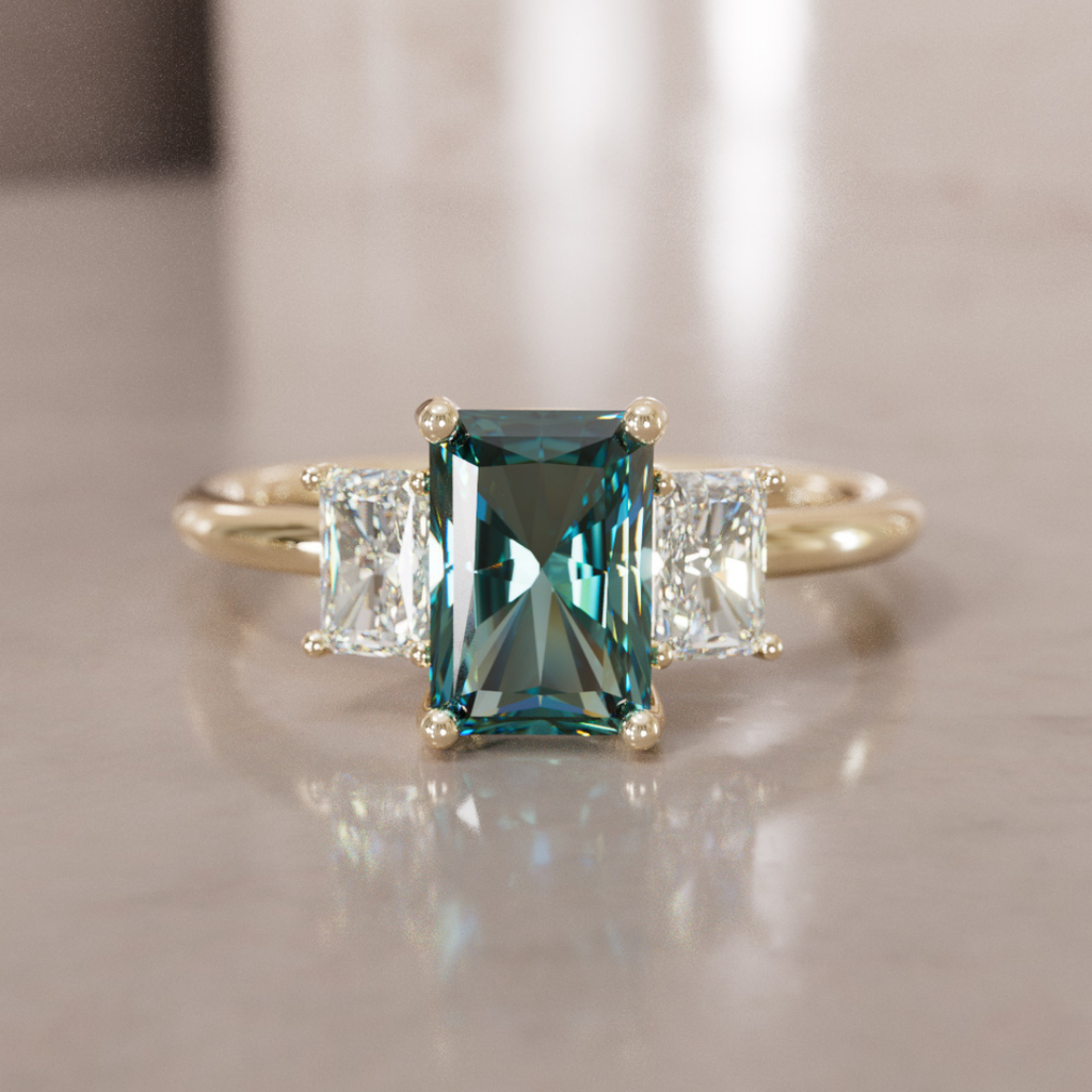 Teal Sapphire and Diamond Engagement Ring, Radiant Cut Three Stone By Valley Rose