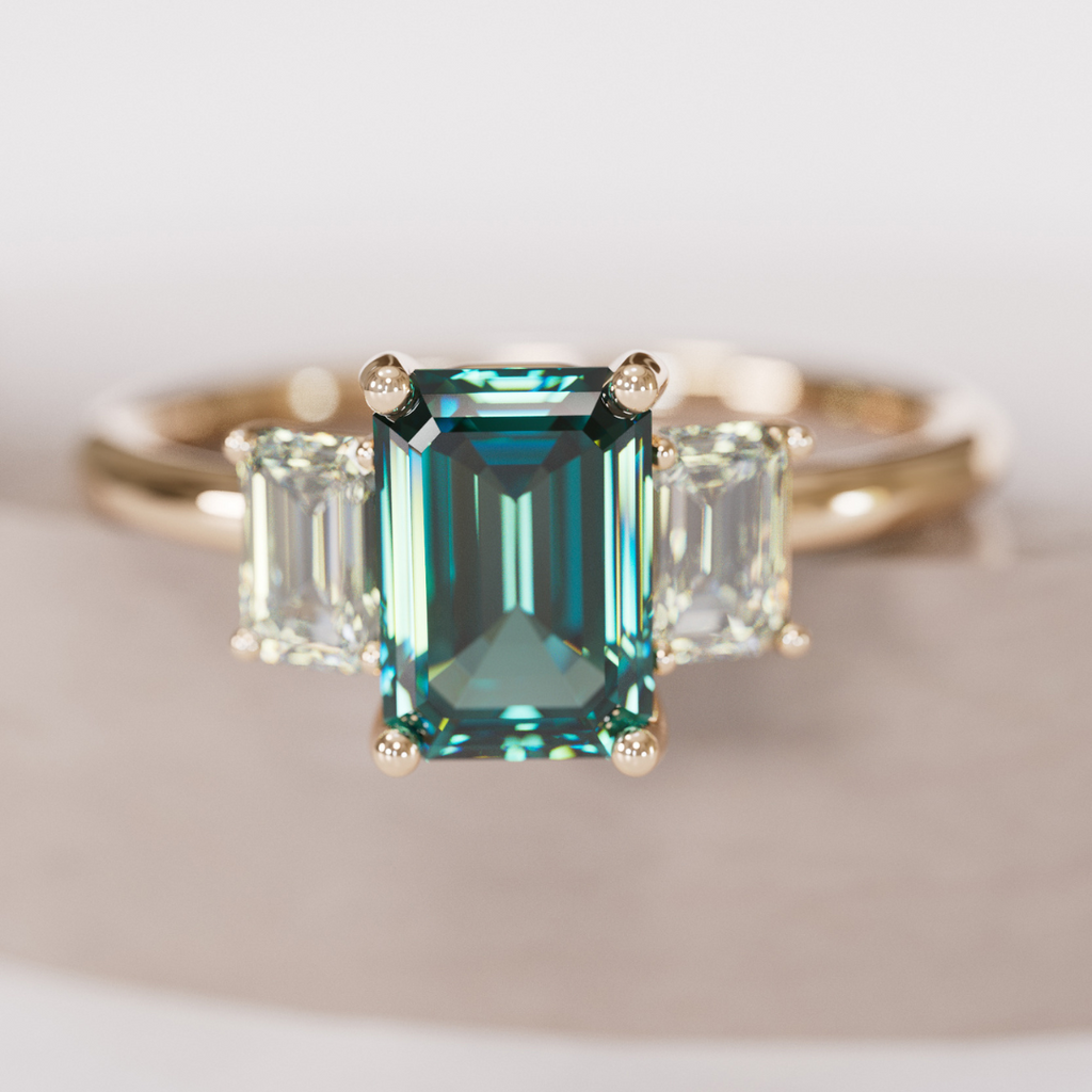 Teal Sapphire Emerald Cut Engagement Ring Three Stone By Valley Rose