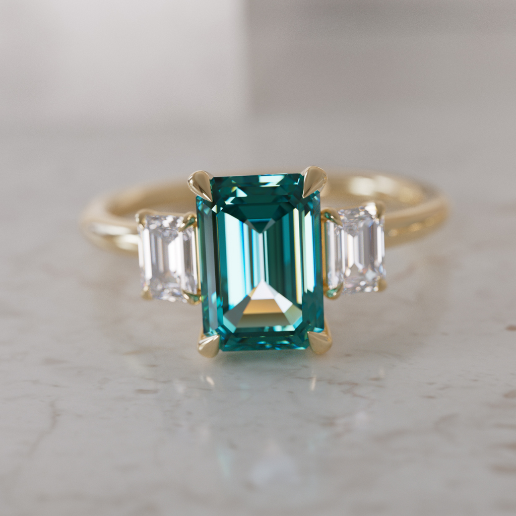 Teal Sapphire Emerald Cut Engagement Ring Three Stone By Valley Rose