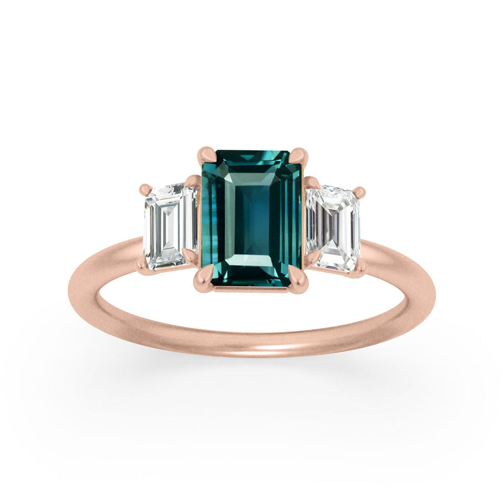 Teal Sapphire Emerald Cut Engagement Ring Three Stone By Valley Rose