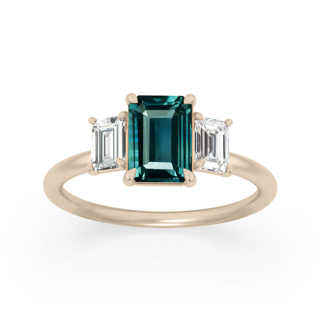 Teal Sapphire Emerald Cut Engagement Ring Three Stone By Valley Rose