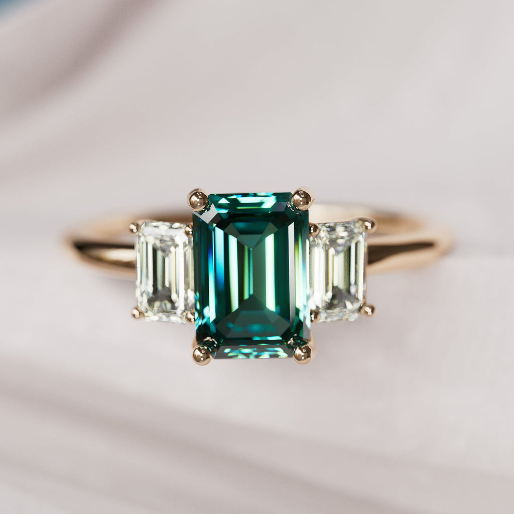 Teal Sapphire Emerald Cut Engagement Ring Three Stone By Valley Rose