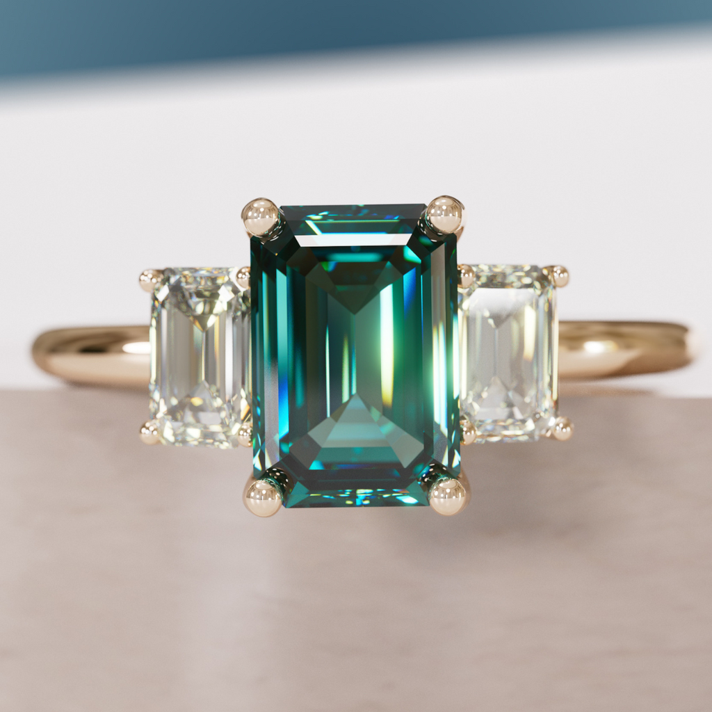 Teal Sapphire Emerald Cut Engagement Ring Three Stone By Valley Rose