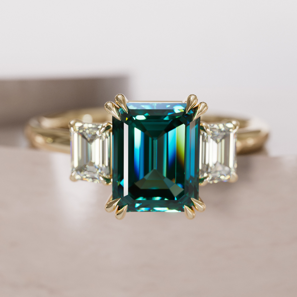 Teal Sapphire Emerald Cut Engagement Ring Three Stone By Valley Rose