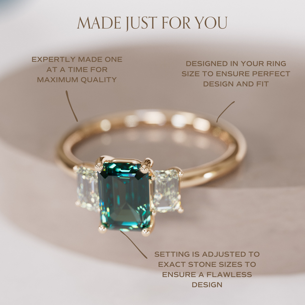 Teal Sapphire Emerald Cut Engagement Ring Three Stone By Valley Rose