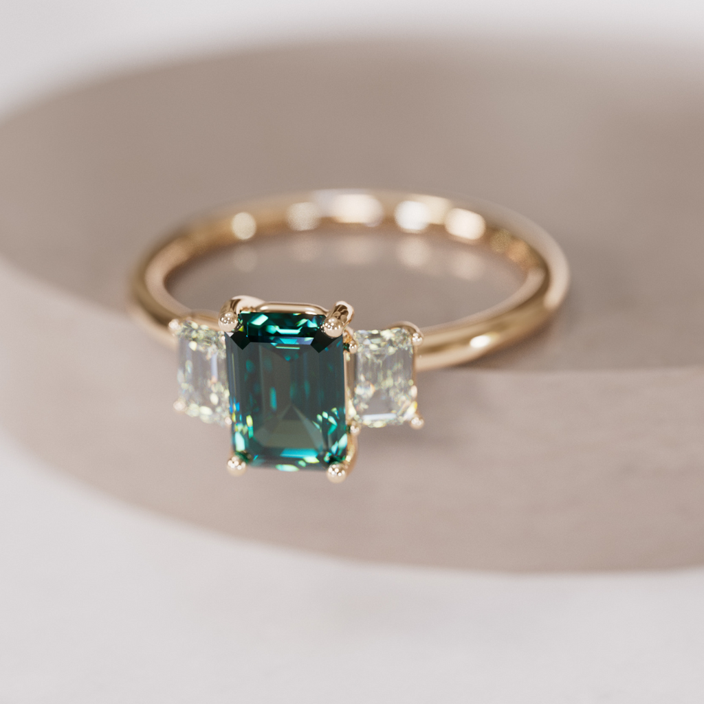 Teal Sapphire Emerald Cut Engagement Ring Three Stone By Valley Rose