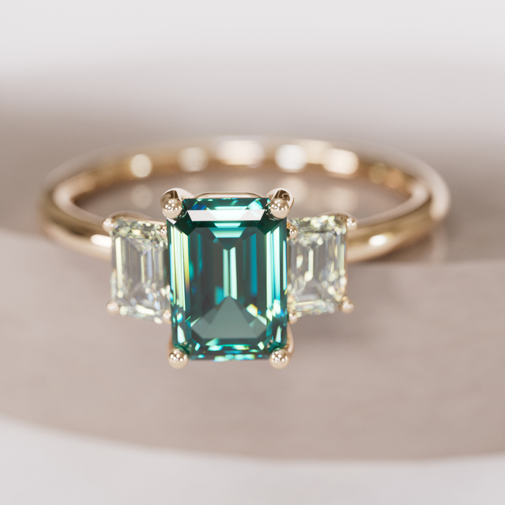 Teal Sapphire Emerald Cut Engagement Ring Three Stone By Valley Rose