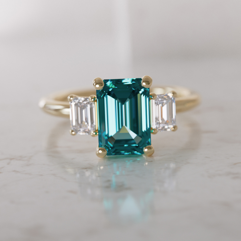 Teal Sapphire Emerald Cut Engagement Ring Three Stone By Valley Rose