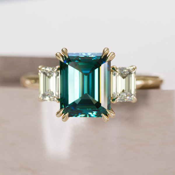 Teal Sapphire Emerald Cut Engagement Ring Three Stone By Valley Rose