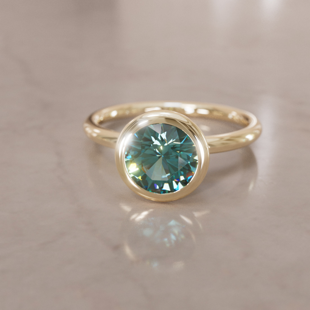 Teal Sapphire Engagement Ring, Bezel Round Cut Solitaire By Valley Rose