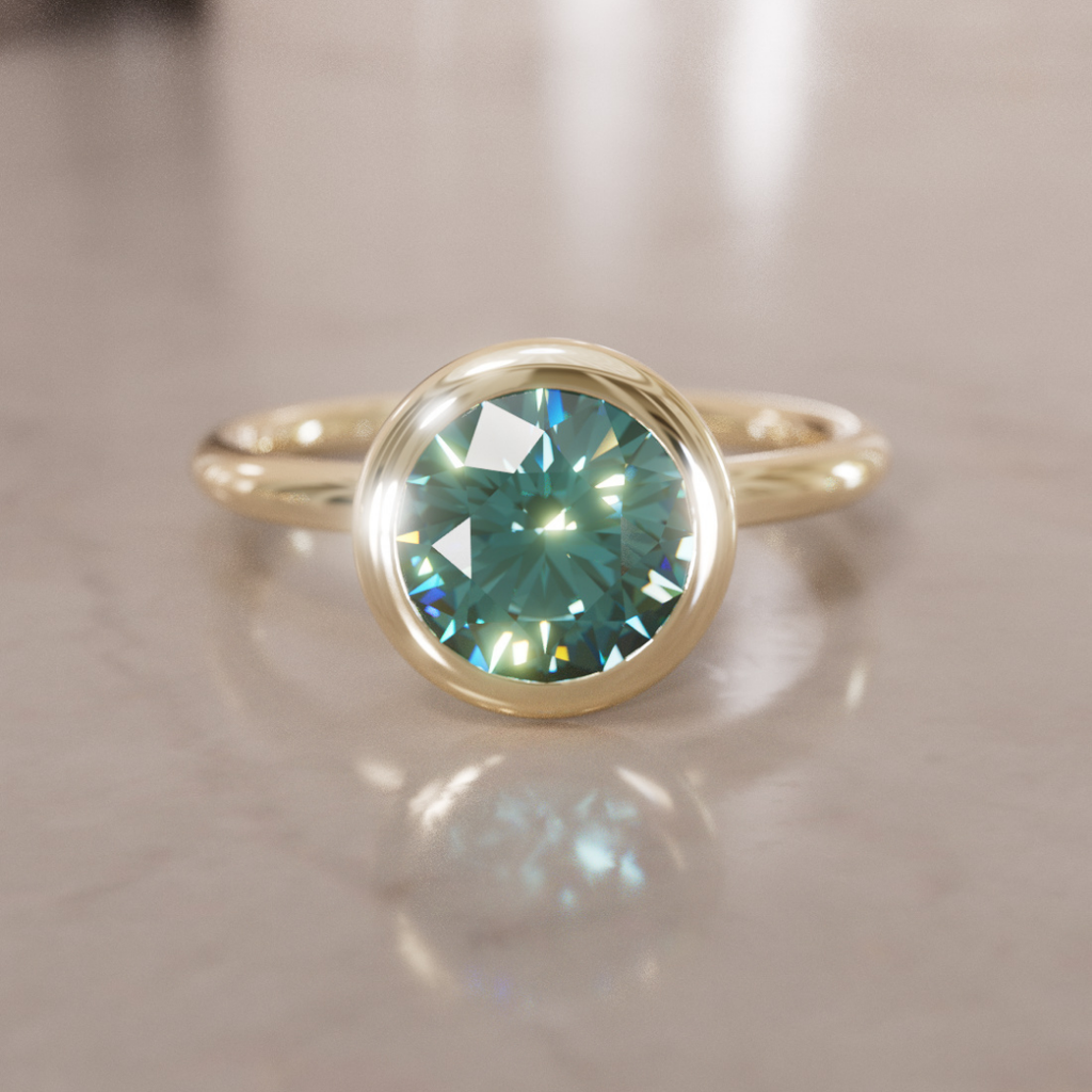 Teal Sapphire Engagement Ring, Bezel Round Cut Solitaire By Valley Rose