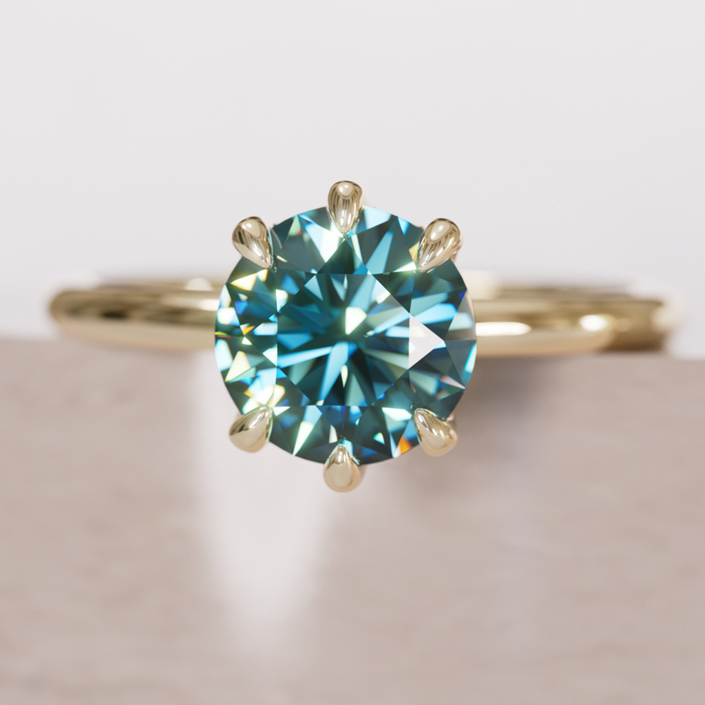 Teal Sapphire Engagement Ring, Round Cut Solitaire By Valley Rose