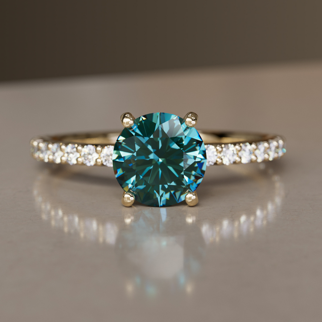 Teal Sapphire Engagement Ring Solitaire with Pavé Band By Valley Rose