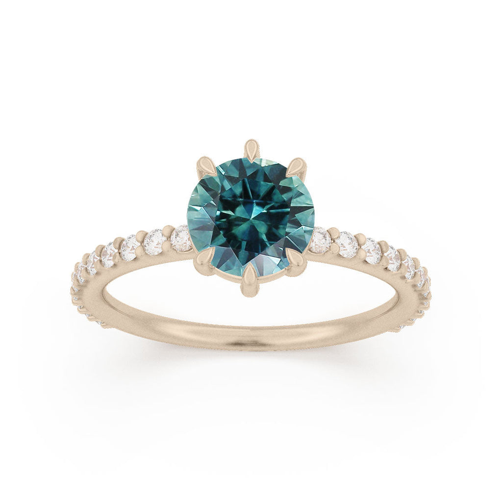 Teal Sapphire Ethical Engagement Ring Solitaire with Pavé Band By Valley Rose