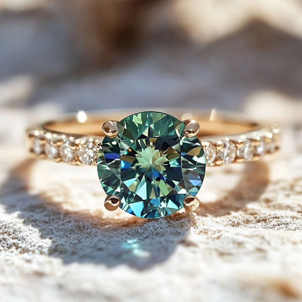 Teal Sapphire Ethical Engagement Ring Solitaire with Pavé Band By Valley Rose