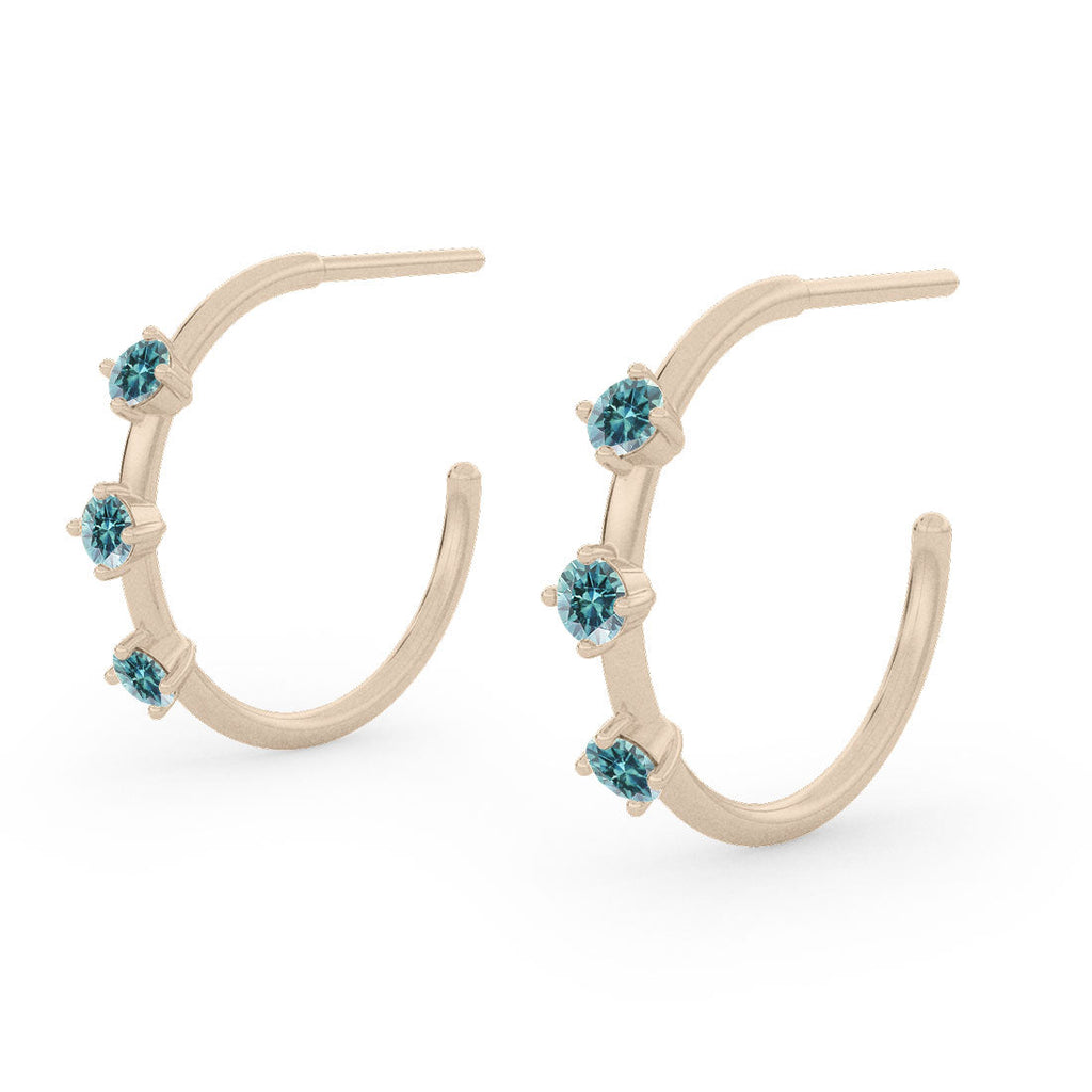 Teal Sapphire Gold 3 Stone Hoops, Orion's Belt Constellation By Valley Rose