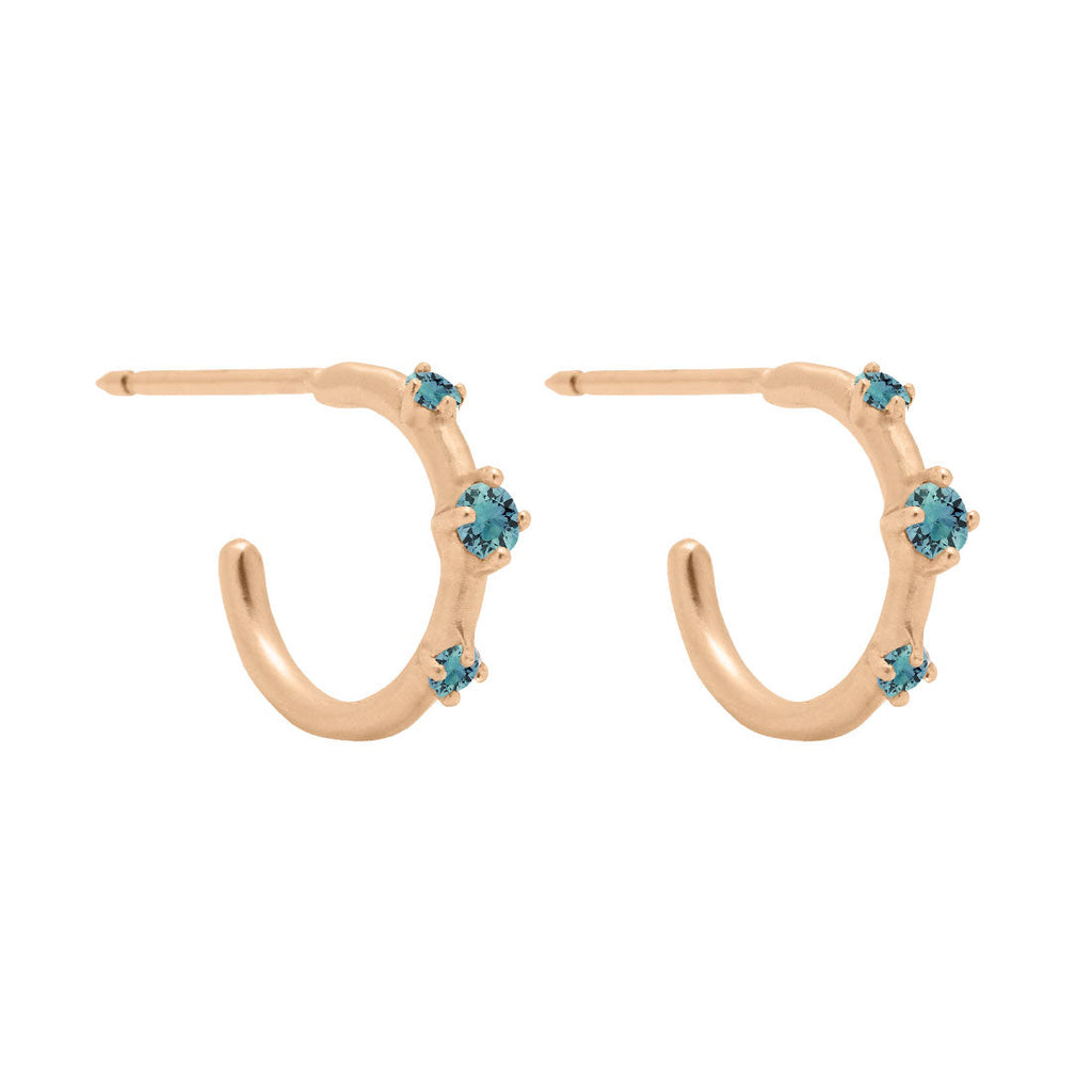 Teal Sapphire Gold 3 Stone Mini Huggie Hoops, Orion's Belt Constellation By Valley Rose