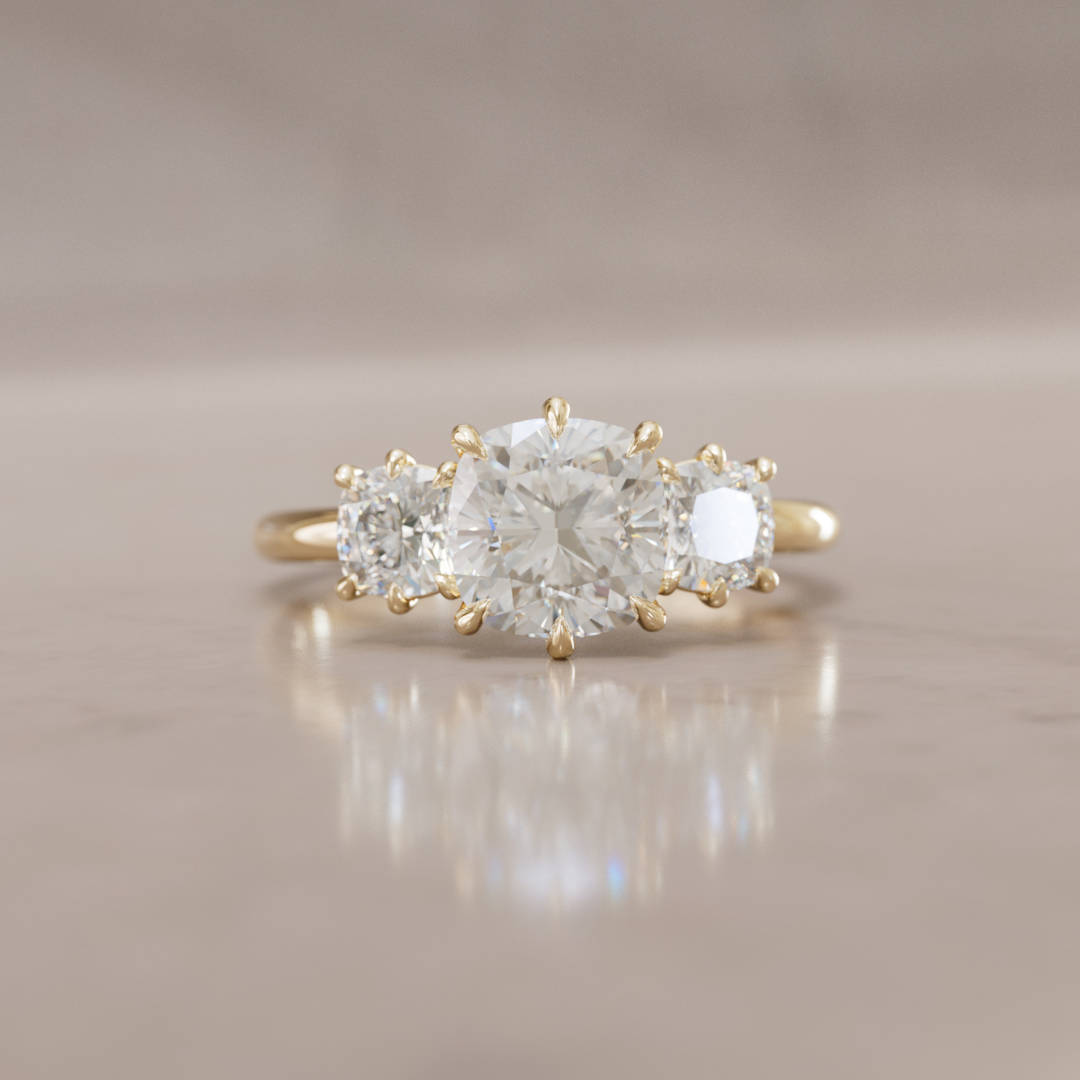 Three Stone Cushion Cut Diamond Unique Engagement Ring By Valley Rose