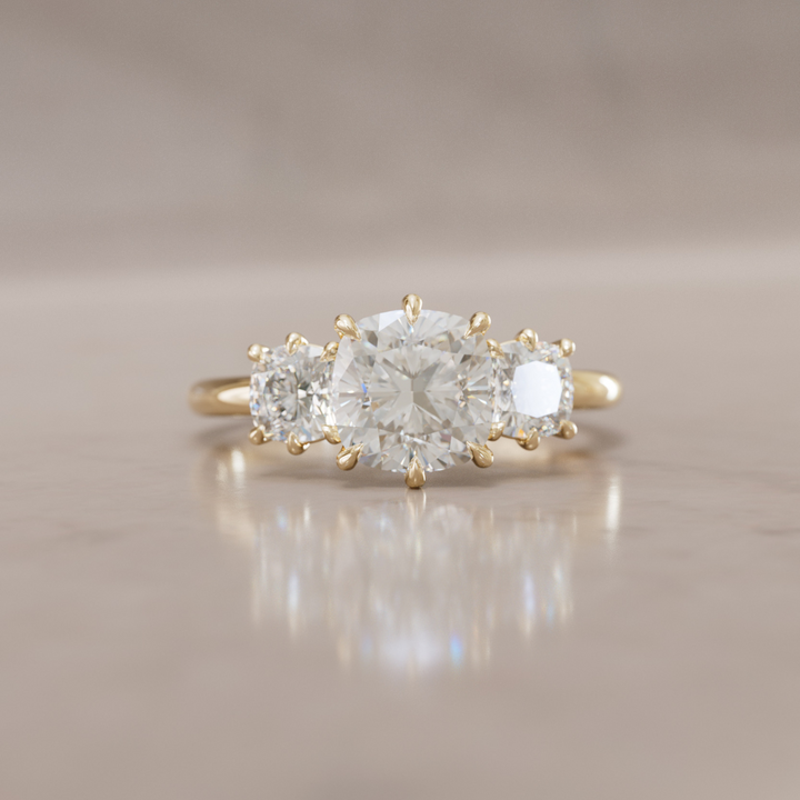Three Stone Cushion Cut Diamond Unique Engagement Ring By Valley Rose