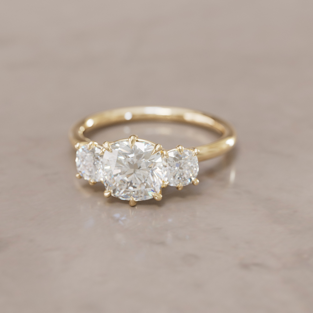 Three Stone Cushion Cut Diamond Unique Engagement Ring By Valley Rose