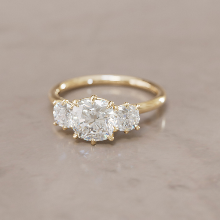 Three Stone Cushion Cut Diamond Unique Engagement Ring By Valley Rose