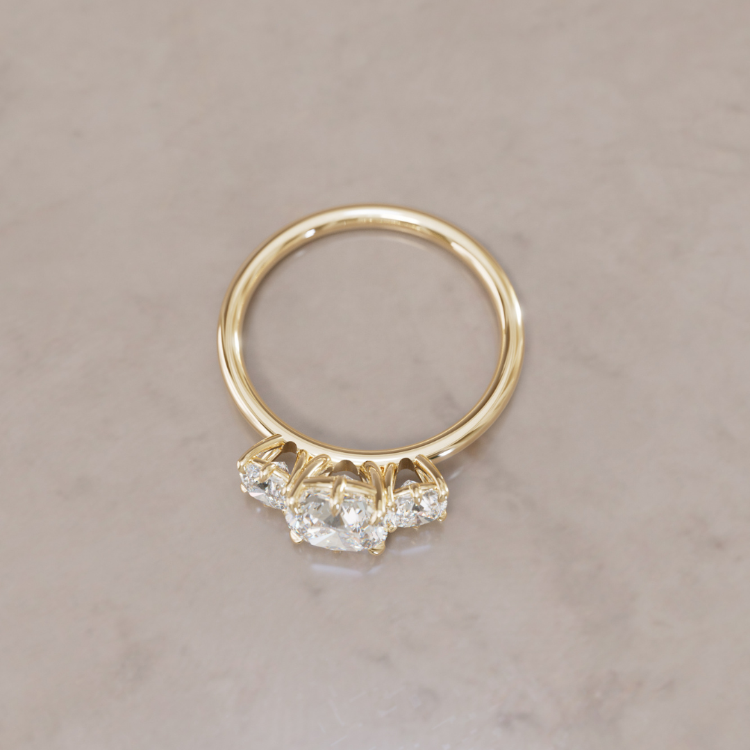 Three Stone Cushion Cut Diamond Unique Engagement Ring By Valley Rose