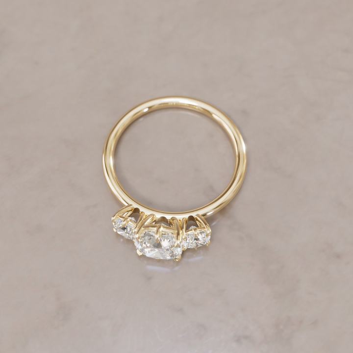 Three Stone Cushion Cut Diamond Unique Engagement Ring By Valley Rose