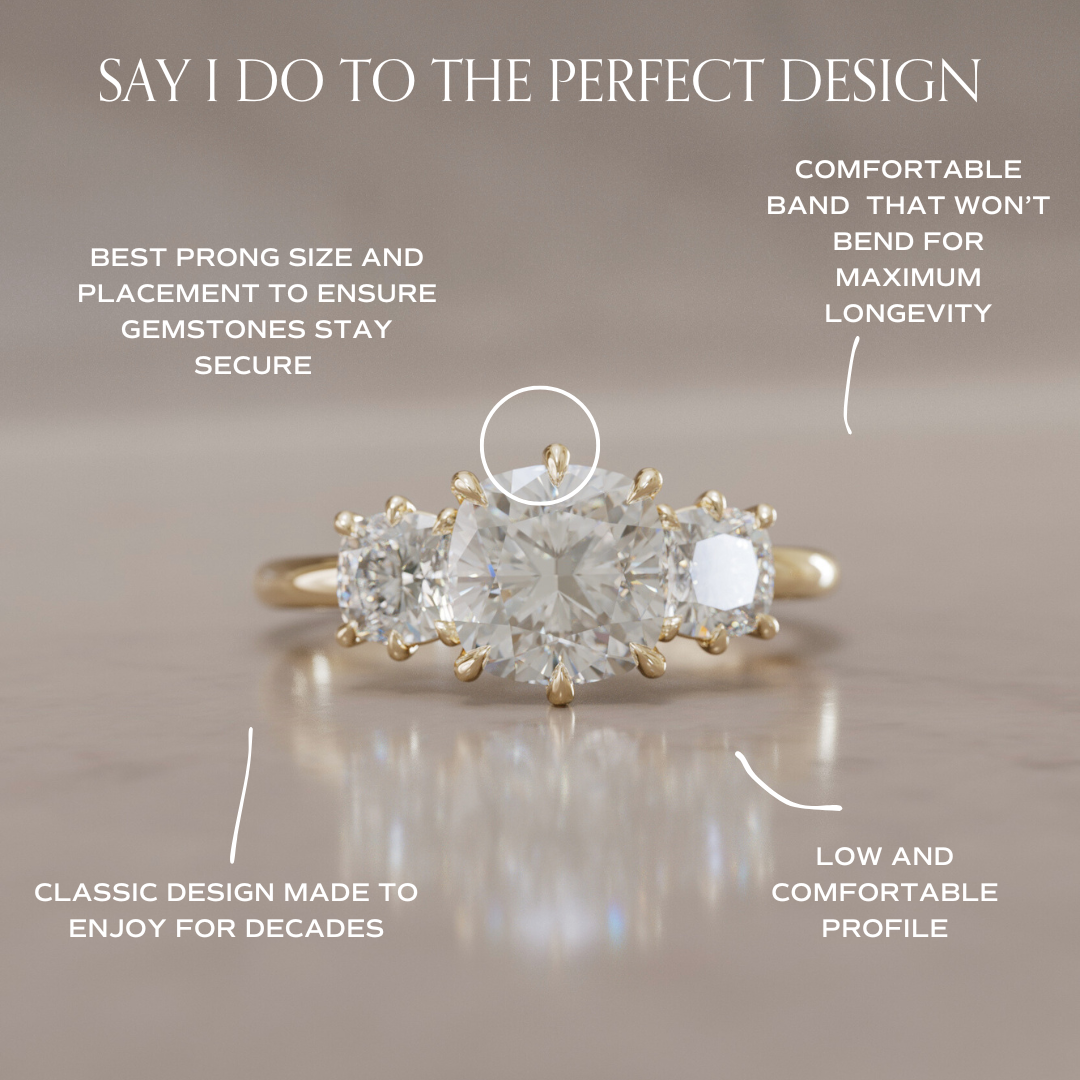 Three Stone Cushion Cut Diamond Unique Engagement Ring By Valley Rose