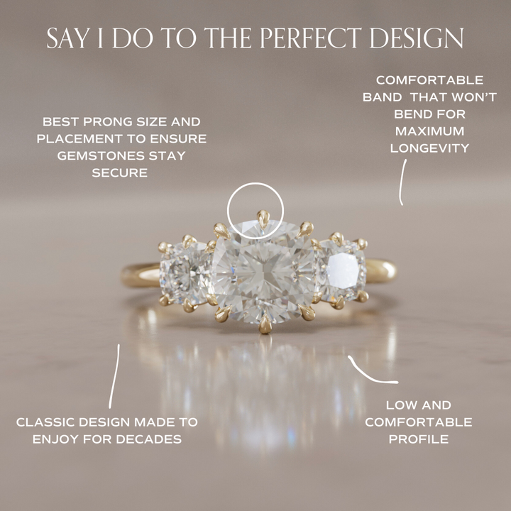 Three Stone Cushion Cut Diamond Unique Engagement Ring By Valley Rose