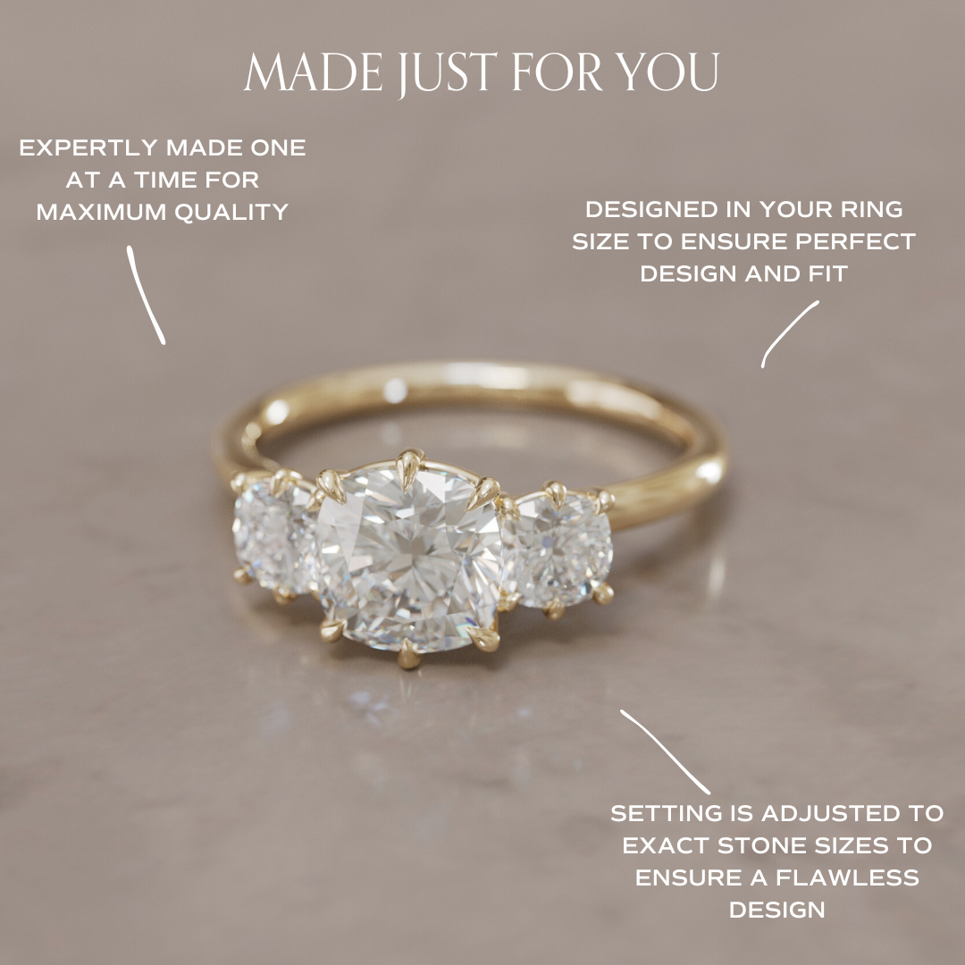 Three Stone Cushion Cut Diamond Unique Engagement Ring By Valley Rose