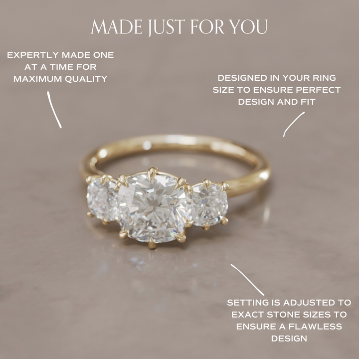 Three Stone Cushion Cut Diamond Unique Engagement Ring By Valley Rose