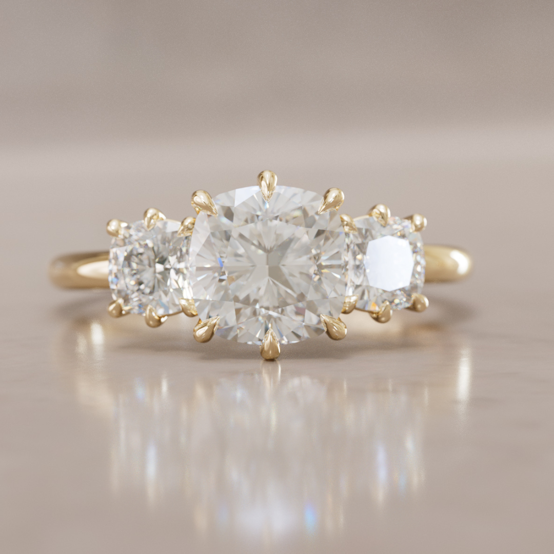 Three Stone Cushion Cut Diamond Unique Engagement Ring By Valley Rose