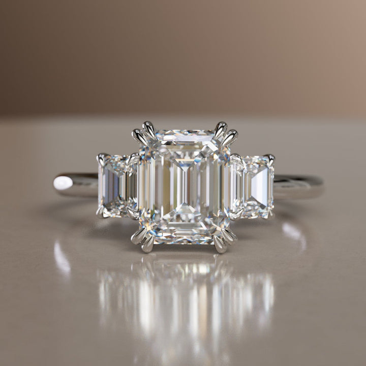 Three Stone Emerald Cut Lab Diamond Engagement Ring By Valley Rose