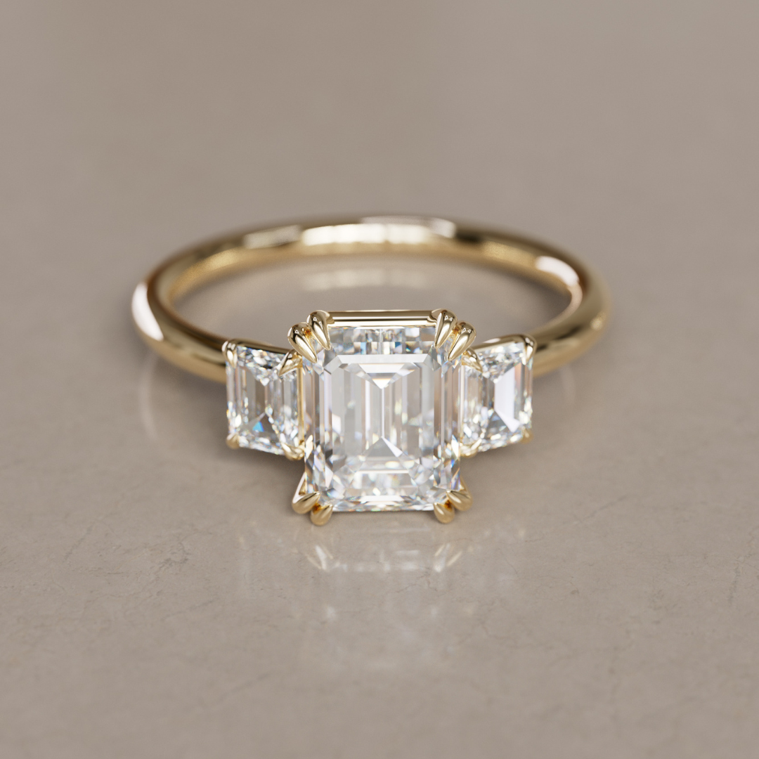 Three Stone Emerald Cut Lab Diamond Engagement Ring By Valley Rose