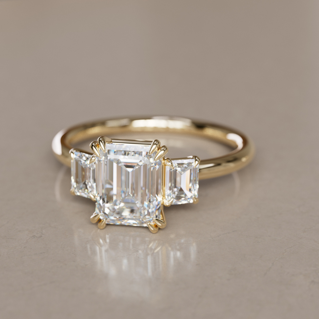 Three Stone Emerald Cut Lab Diamond Engagement Ring By Valley Rose