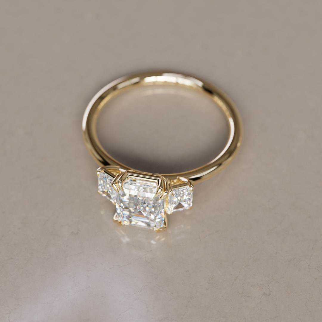 Three Stone Emerald Cut Lab Diamond Engagement Ring By Valley Rose