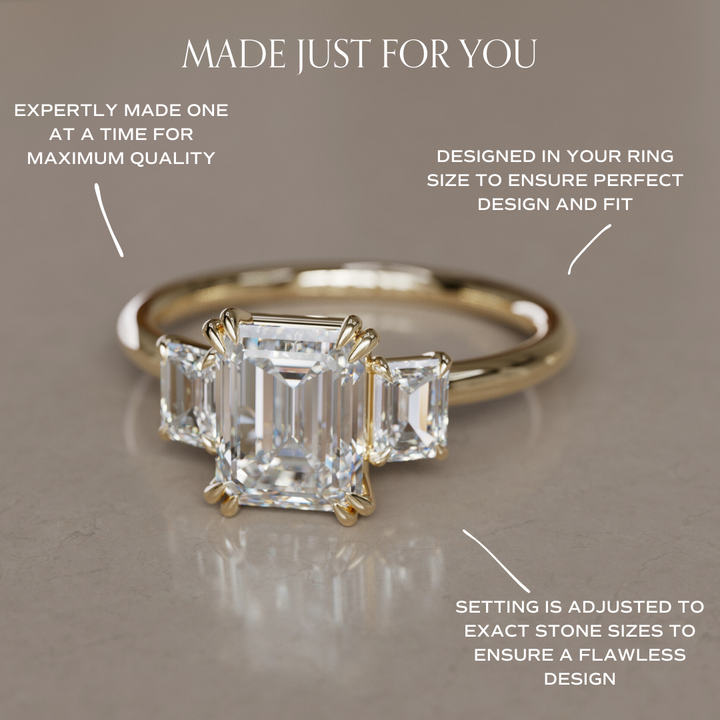 Three Stone Emerald Cut Lab Diamond Engagement Ring By Valley Rose